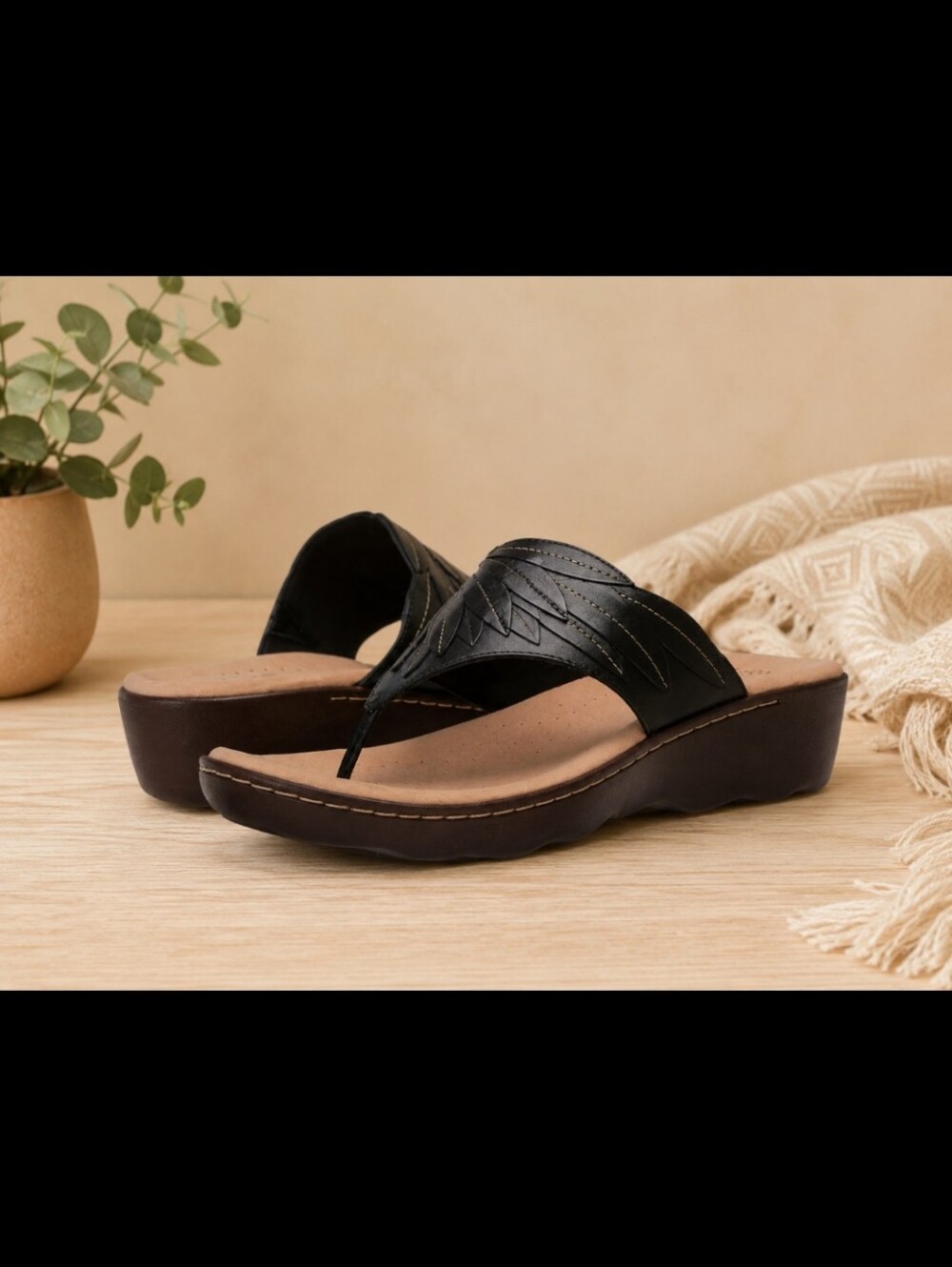 Clarks~ Phebe Black Leather OrthoLite Wedge Sandals – Size 7M